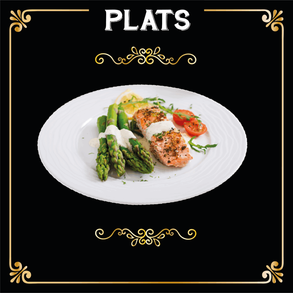 Plat de saumon accompagné d’asperges vertes, servi à La Focacceria