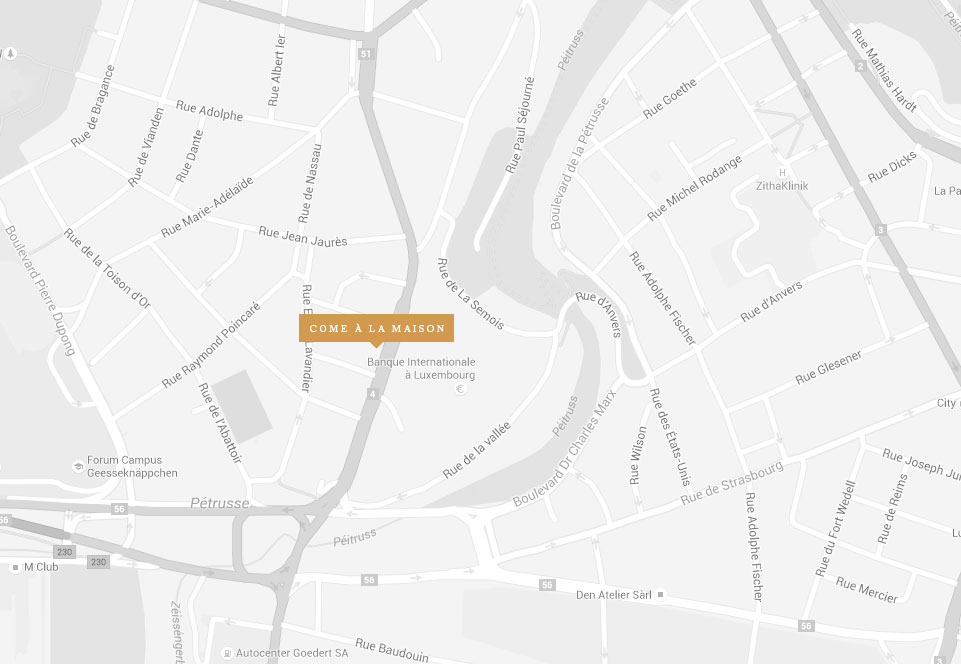 Extrait de carte satellite avec localisation de Come à la Maison à Luxembourg